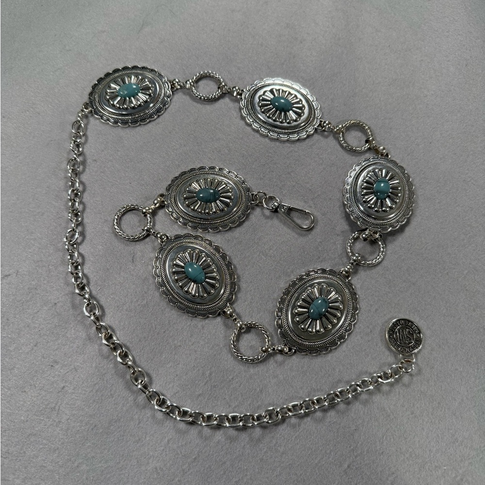 Steve Madden Western Faux Silver and Turquoise Chain Belt